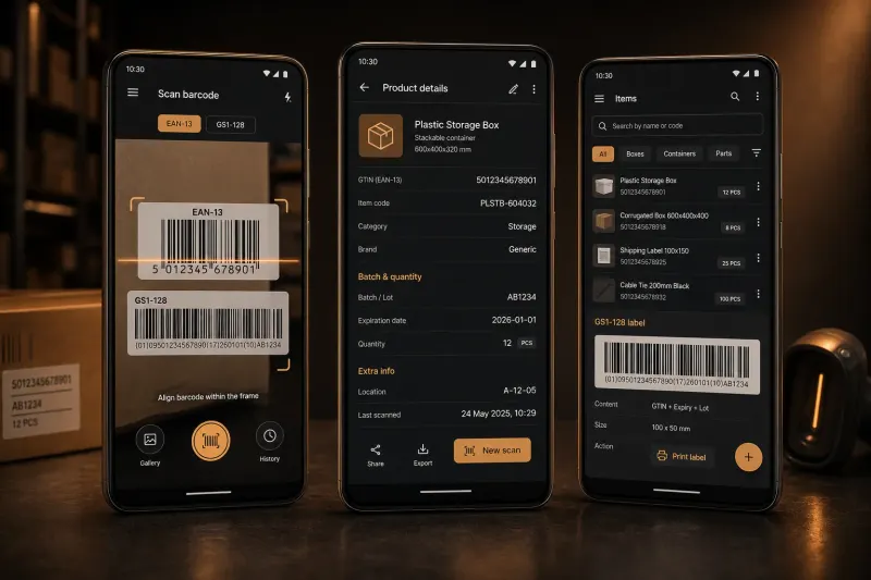 Ekrany Android BarcodeScannerApp
