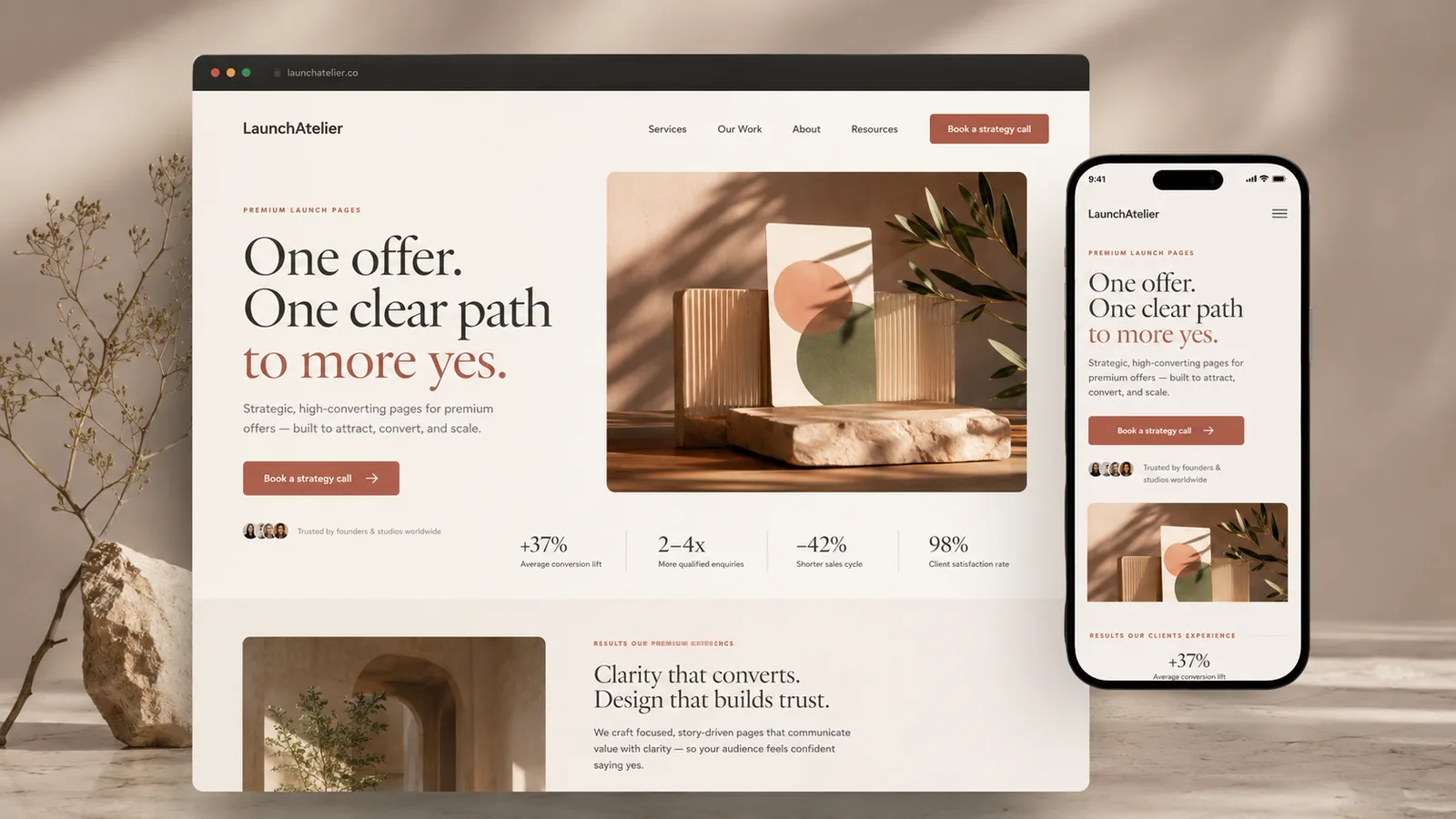 Realistic AuditPro landing page mockup with consultation offer, form, proof and FAQ.