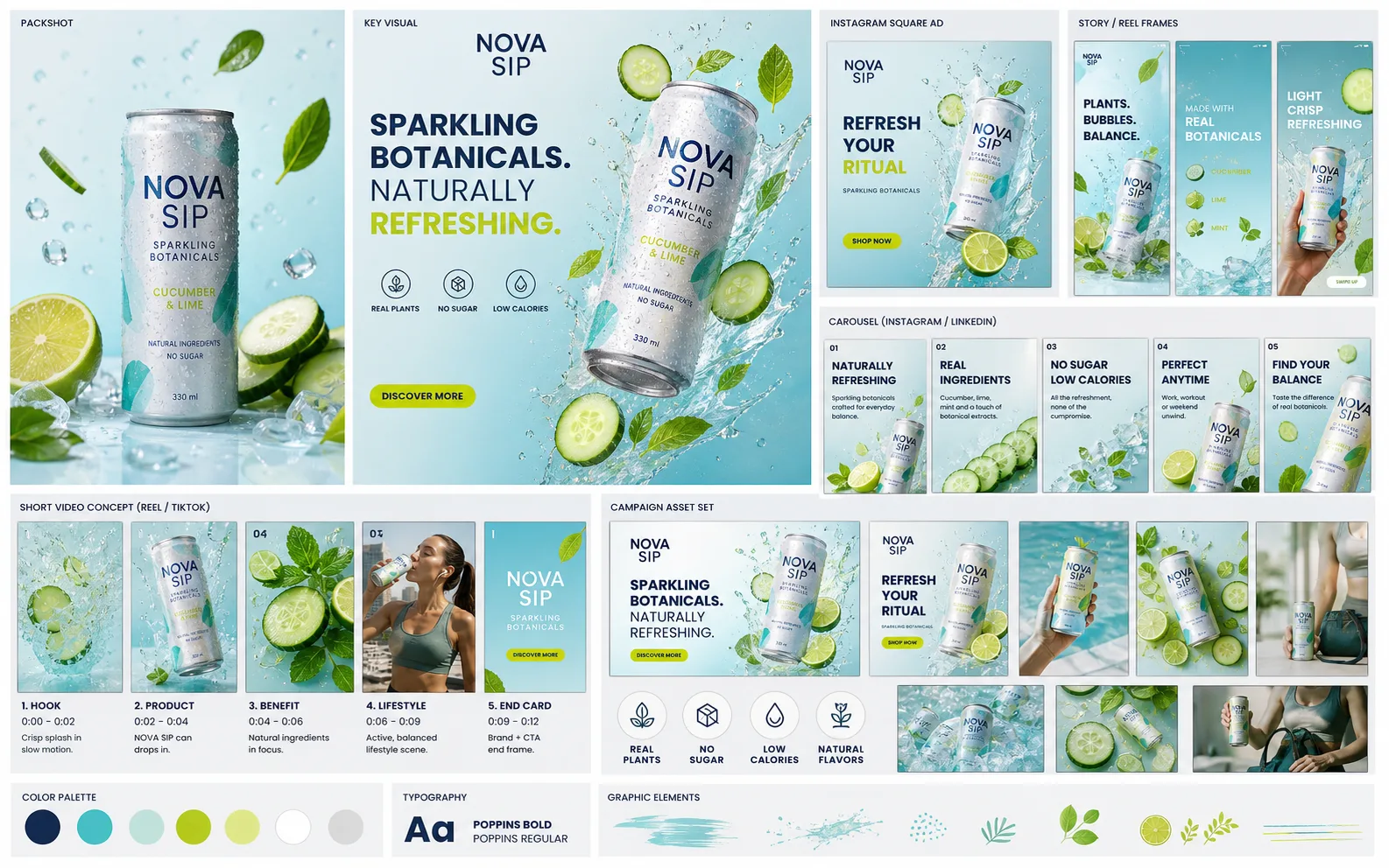 Fragment jasnego systemu kampanii Nova Sip z packshotem, reklamą i formatami social media.